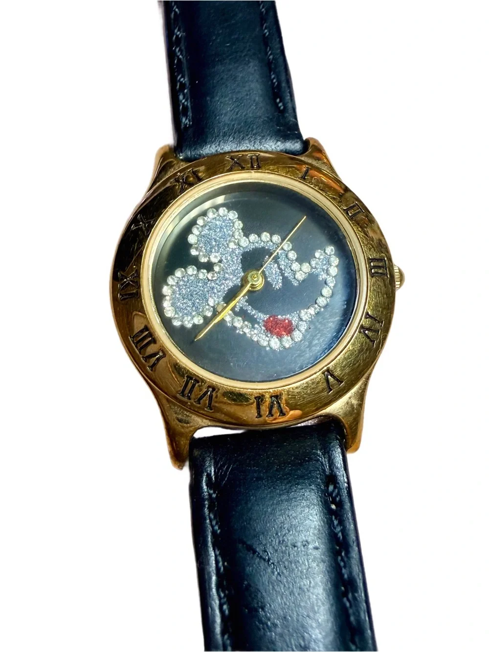 Vintage Disney Timeworks Mickey Mouse Watch Black Leather Gold-Tone Rhinestone